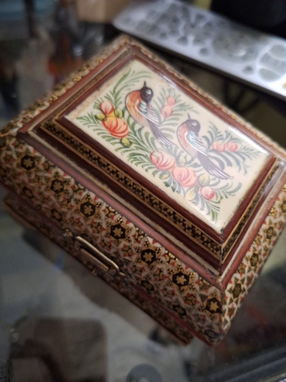 Vintage Persian Marquetry BoxHand-Painted Decorative Trinket Box with Bird Motif